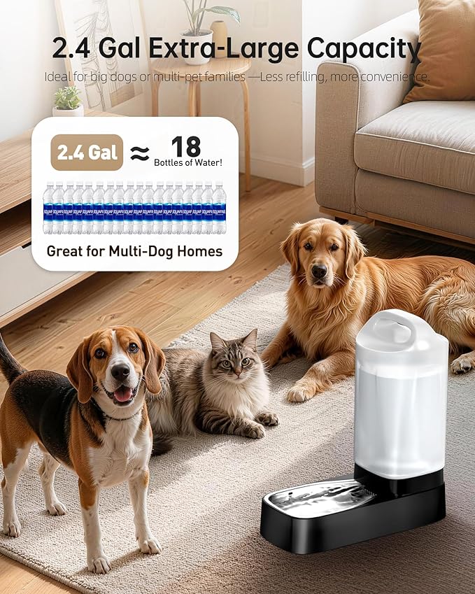 Automatic Dog Water Bowl Dispenser - 2.4 Gallon Gravity Pet Water Dispenser with 304 Stainless Steel Bowl, Dog Auto Feeders Bowls Self Waterer, Easy-Carry Handle for Large Dogs & Cats, Multi-Pet Home