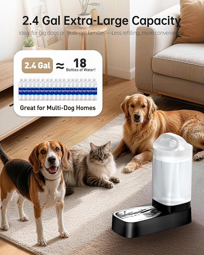 Automatic Dog Water Bowl Dispenser with Filter - 2.4 Gal Large Gravity Auto Pet Water Feeder Waterer with Stainless Steel Bowl & Easy Carry Handle for Large Dog Cat Multi Pet Use
