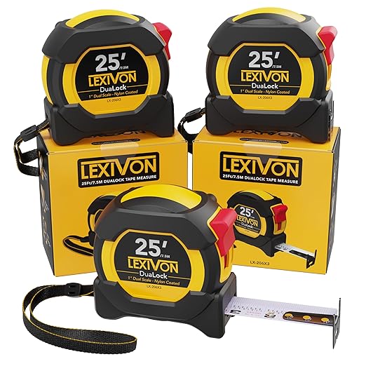 LEXIVON [3-Pack] 25Ft/7.5m DuaLock Tape Measure | 1-Inch Wide Blade with Nylon Coating, Matte Finish White & Yellow Dual Sided Rule Print | Ft/Inch/Fractions/Metric (LX-206X3)