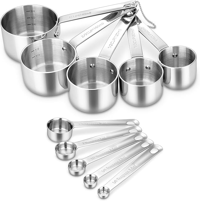 KEAWELL Premium 10-Piece 18/10 Stainless Steel Measuring Cups ans Spoons Set – Durable, Stackable, Dishwasher Safe – Nesting Design for Baking & Cooking (Silver, Measuring Cups & Spoons)