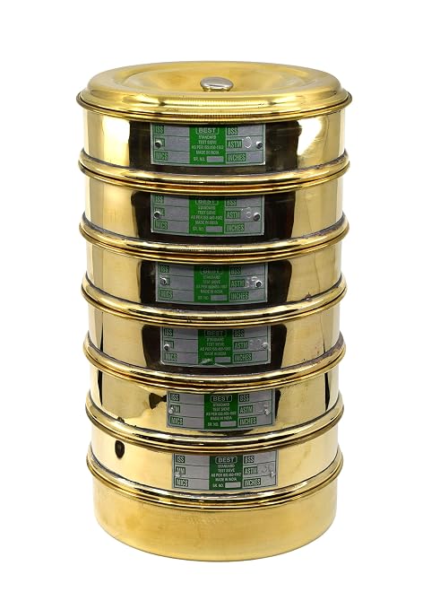 EISCO Set of 6 Test Sieves, 8 Inch - ASTM No. 10, 18, 35, 60, 120 & 230 - Brass Frames with Stainless Steel Wire Mesh - Stackable with Receiving Pan & Top