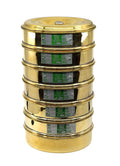 EISCO Set of 6 Test Sieves, 8 Inch - ASTM No. 10, 18, 35, 60, 120 & 230 - Brass Frames with Stainless Steel Wire Mesh - Stackable with Receiving Pan & Top