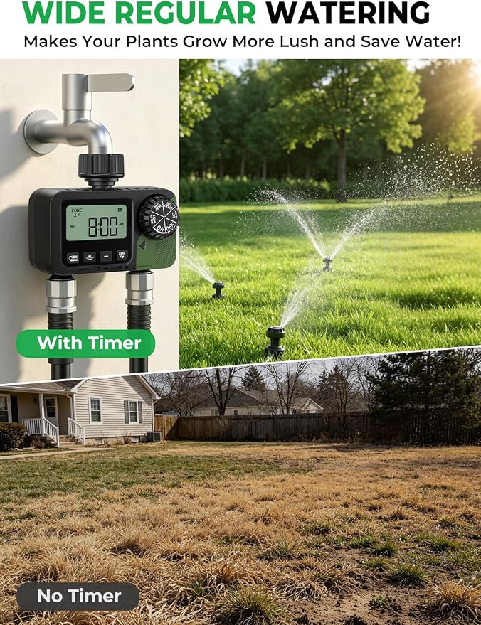 Sprinkler Timer 2 Outlets, Programmable Water Hose Timer with Rain Delay/Manual/Automatic Watering System, Outdoor Digital Auto Irrigation for Garden Yard Lawn with Large Display(Black+Olive Green)
