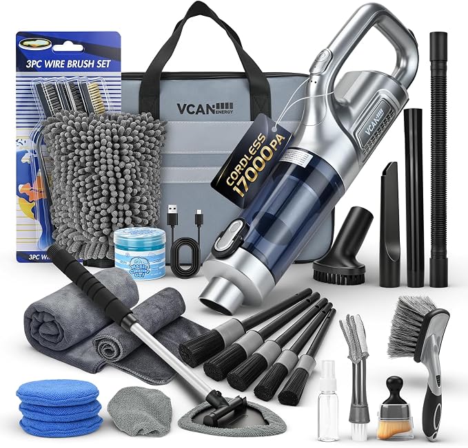 VCANENERGY 29PCS Car Cleaning Kit Interior Detailing for Men Women（Grey） | 17000PA High Power Handheld Cordless Car Vacuum Rechargeable, Detailing Brush Set, Windshield Cleaner Tool, Tire Brush