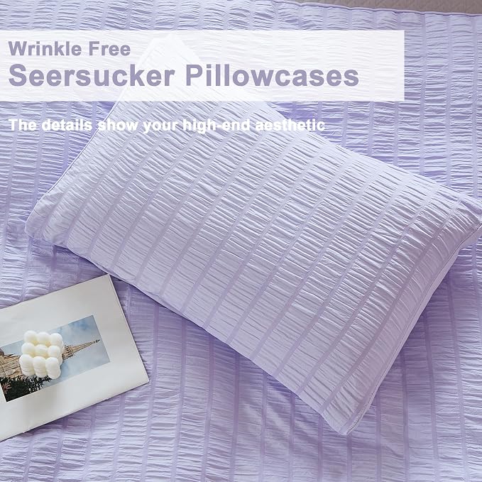AveLom Lavender Purple Seersucker Duvet Cover Set Full (80 x 90 inches), 3 Pieces (1 Duvet Cover + 2 Pillow Cases), Ultra Soft Washed Microfiber, Textured Duvet Cover with Zipper Closure, Corner Ties