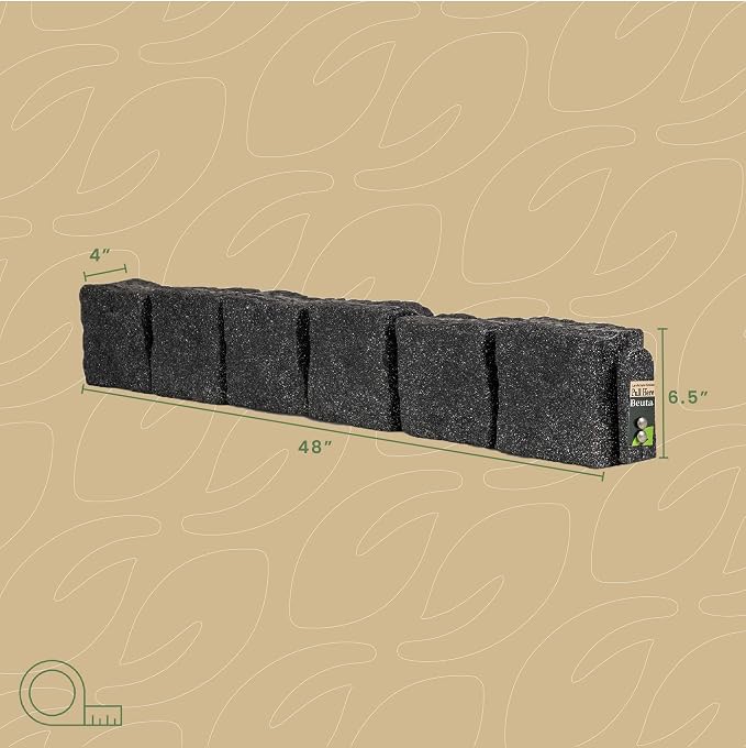 Landscape Edging | Garden Edging Border | Polyrock Blocks for Lawn Edging, Flower Beds & Yard Edging – 4 Pack | Each Section Has 6 Blocks 48" L x 4" W x 6.5" H | 8 Spikes | Charcoal