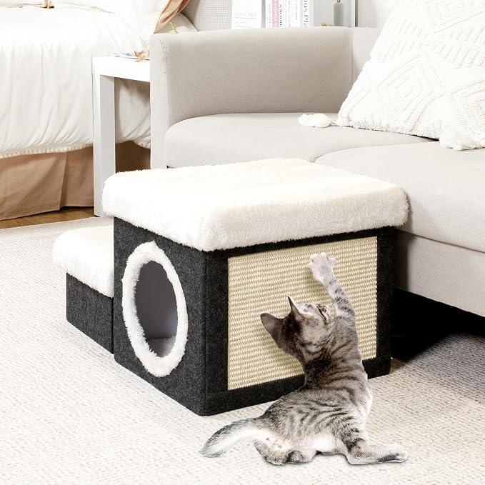 B FSOBEIIALEO Cat House Pet Stairs for Beds Sofa, Foldable Dog Steps 2-Tier With Storage Toy Box, Small Indoor Pet Steps Grey 15.7x12.6x12.6 Inches