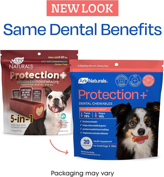 Ark Naturals Protection+ Brushless Toothpaste Chews - Small Breeds (60 ct) | Vet Formulated Dog Dental Chew with Toothpaste Center - Freshens Breath and Prevents Plaque & Tartar