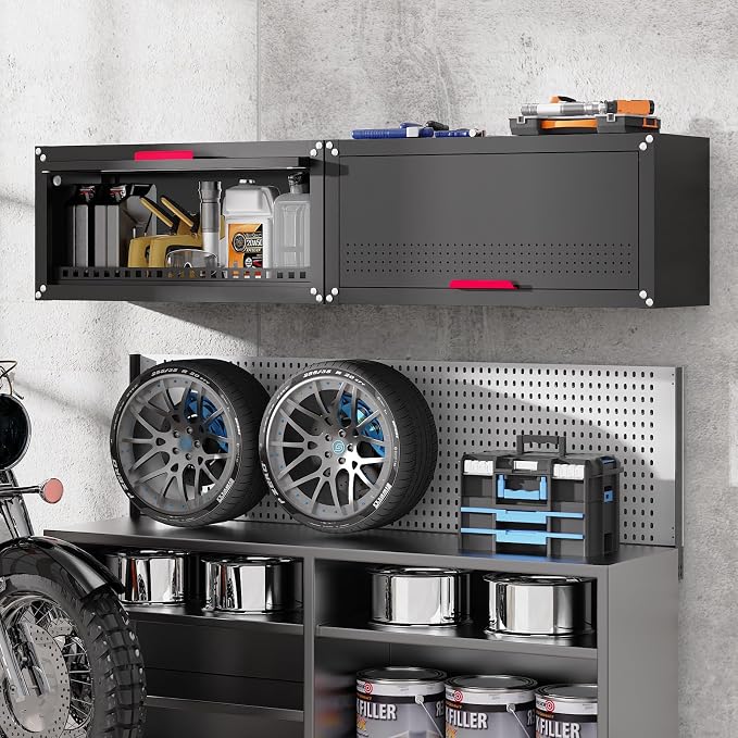 Eltean 31.5" Metal Wall Cabinet,Garage Wall Cabinet with Up-Flip Door,Wall Mounted Garage Cabinets with Handle,Floating Tool Cabinet for Garage,Basement,Warehouse