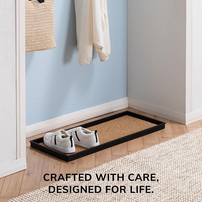 Anji Mountain Heavy Duty Waterproof Rubber Shoe Storage Mat Organizer/Boot Storage Tray Multi Use For Entryway with Coir, Tan and Blue Insert , Fits 3 Pair (34.5" Wide)