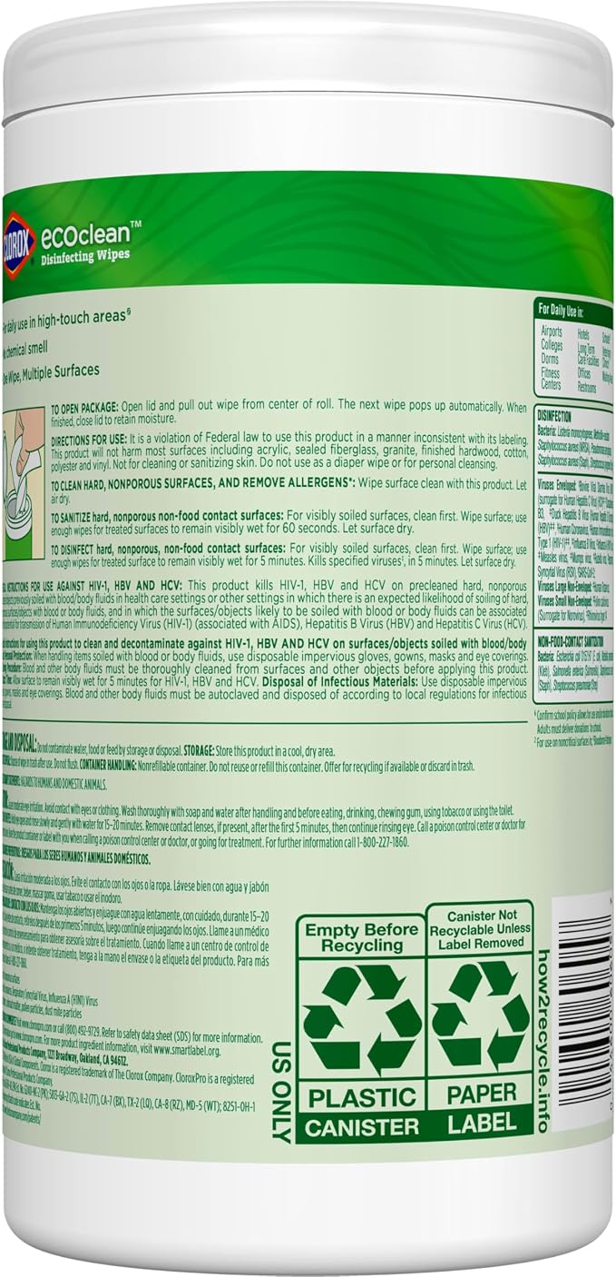 CloroxPro Clorox EcoClean Disinfecting Wipes, Multipurpose 100% Plant Based Cleaning Cloths, Antibacterial Disinfectant, Safe for Multi Surface Use, 75 Count