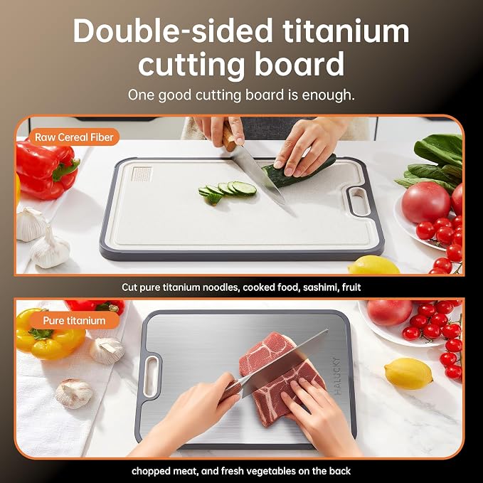 Titanium Cutting Board Set of 2 for Kitchen, Non Toxic Cutting Board Double Sided Food Grade, 2-in-1 Pure Titanium and Wheat Straw PP, Chopping Board for Meat and Fruit, Easy to Clean