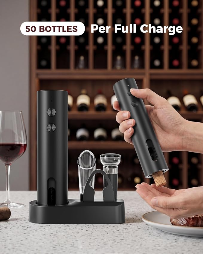 Rechargeable 5-in-1 Electric Wine Opener Set, Cordless Automatic Wine Bottle Opener with Foil Cutter, Aerator Pourer, Vacuum Stopper & Storage Base, Ideal for Home Bar, Party, Wedding Gifts
