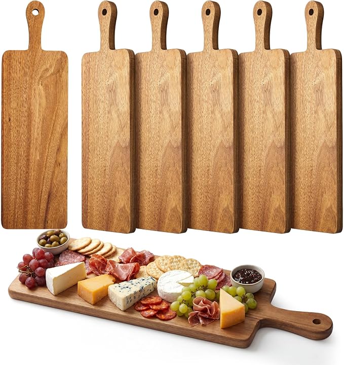 Nuenen 6 Pcs Wood Cutting Board with Handle 16.1 x 4.7 Inch Acacia Bamboo Wooden Serving Kitchen Chopping Boards for Pizza, Bread, Cheese, Charcuterie, Fruit, Vegetables(Narrow Acacia)