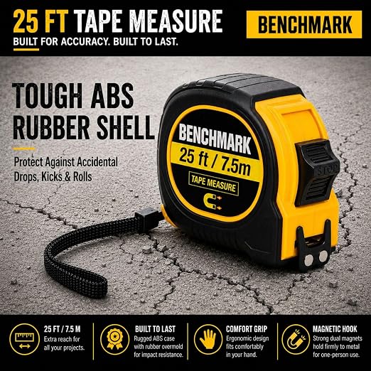 6 Pack - Tape Measures 25 ft / 7.5m – Dual Sided Blade with Easy Read Fractions to 1/8th inch Plus Centimeters on Back Side - Magnetic Tip - Thumb Lock - Belt Clip – Retractable Measuring Tape