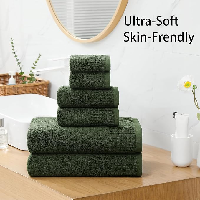 YTYC 27.5x55 Bath Towels Set,100% Cotton,650GSM,Olive Green,6-Pieces | Ultra Soft,Highly Absorbent, 2 Bathroom Towels,2 Hand Towels, 2 Washcloths, Towels for Bathroom, Gym, Spa,Pool