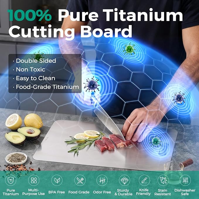Katori Titanium Cutting Board - Upgraded 100% Pure Titanium Cutting Boards for Kitchen Non Toxic, Double Sided Food Grade Hygiene Non Moldy Dishwasher Safe Meat Fruit Metal Board (2PC S+L)