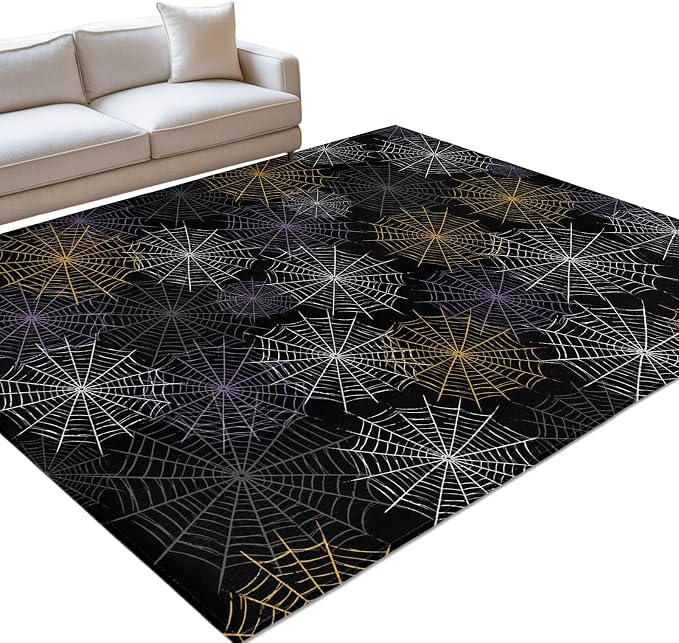 Area Rug 3'x5', Black Halloween Washable Large Area Rugs for Kitchen Bedroom Laundry Bathroom Office, Purple White Yellow Net Classic Black Non Slip Door Mat Indoor Entryway Floor Accent Throw Carpet