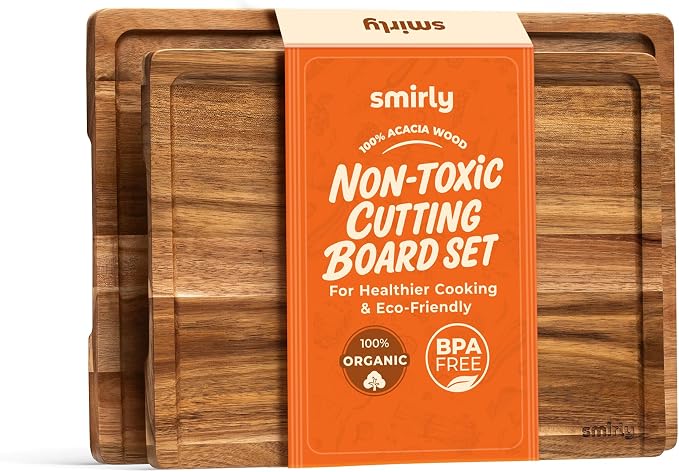 SMIRLY Acacia Wood Cutting Board - 2 Pack Cutting Boards for Kitchen | Non Toxic Acacia Cutting Board with Juice Grooves and Handles, Multiple Sizes Chopping Board for Meal Prep & Charcuterie