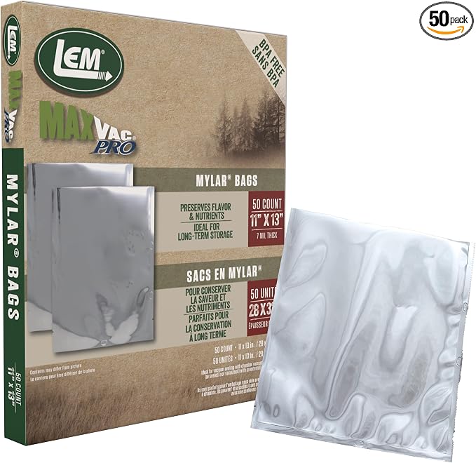 LEM Products MaxVac Pro Mylar Vacuum Sealer Bags, 11" x 13", 50 Count