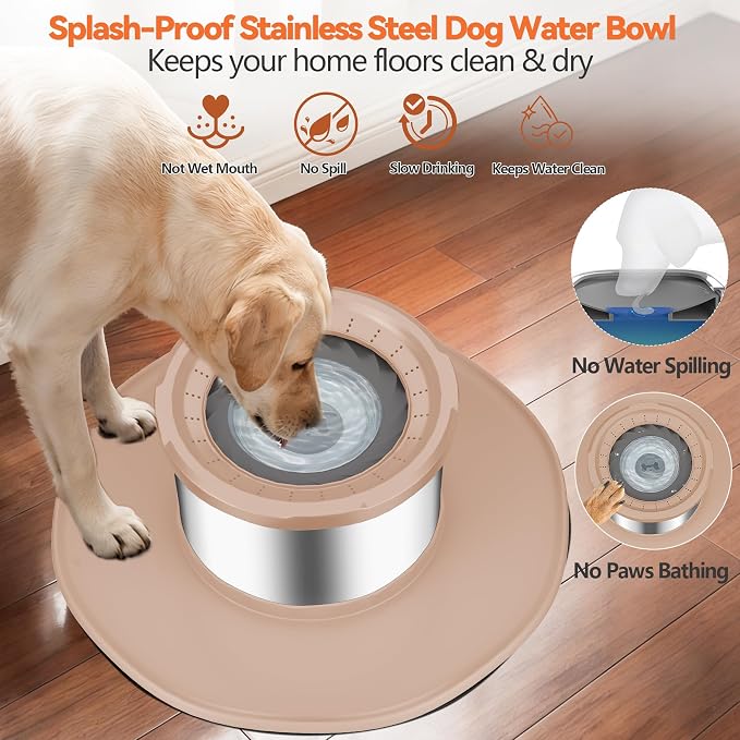 Decflow 12L No Spill Dog Water Bowl for Large Dogs, Stainless Steel Spill Proof Bowls with Suction Cup Anti-Skid Mat, Slow Feeder for Messy Drinkers, Heavy Duty Pet Bowls for Indoor/Outdoor Beige