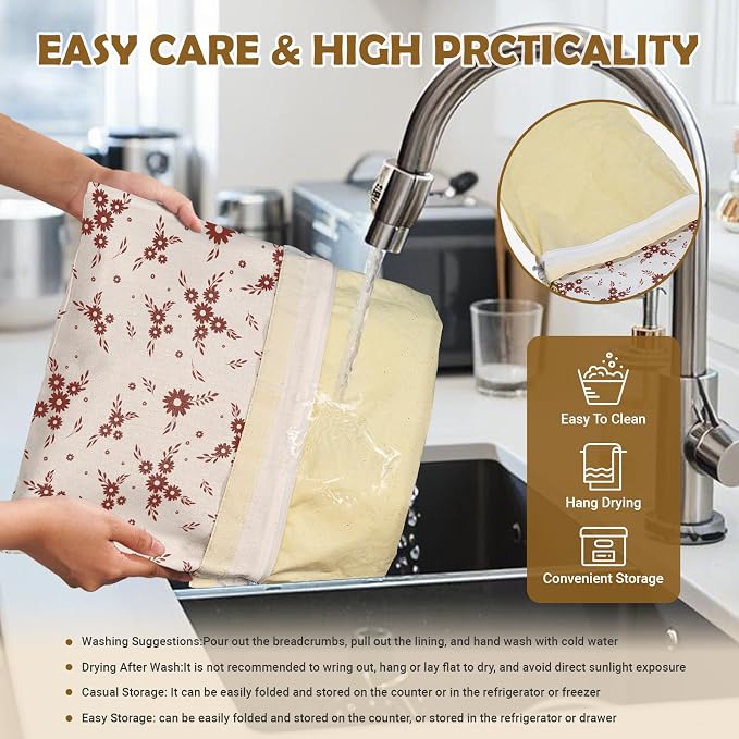 Large Linen Beeswax Bread Bags(2 Pack) Sourdough Bread Bags Reusable Double-Lock Freezer Baking Container Gift Giving for Homemade,Loaf,Sourdough,Food Storage (Vintage Daisy Sprig Pattern)