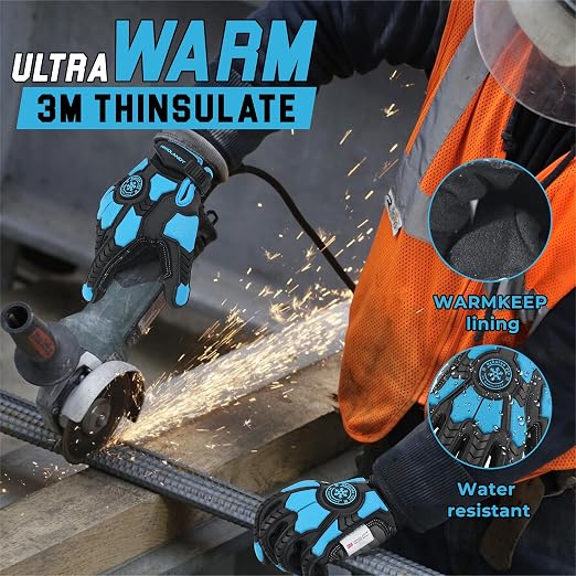HANDLANDY Winter Impact Resistant Work Gloves for Men, Padded Palm Grip Heavy Duty Working Glove (Large, Blue)