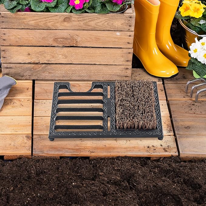 MyGift Boot Scrapers with Brushes Outdoor, Heavy Duty Cast Iron Shoe Cleaner Mat, Vintage Rustic Black Angled Boot Dirt Cleaner Brush, Perfect for Porch, Garage, and Farm