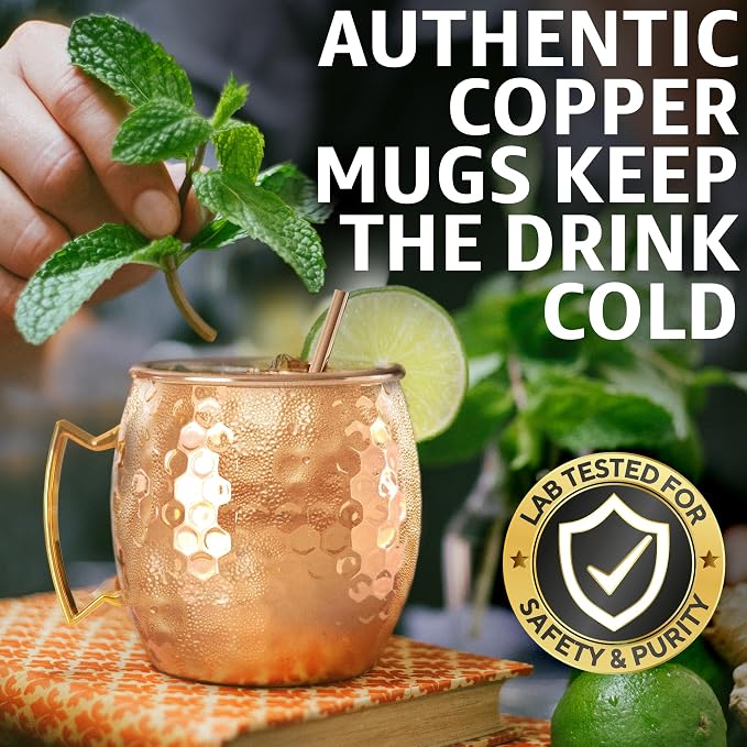 Benicci Moscow Mule Copper Mugs - Set of 4-100% HANDCRAFTED - Food Safe Pure Solid Copper Mugs - 16 oz Christmas Gift Set with Premium Quality Cocktail Straws and Jigger!