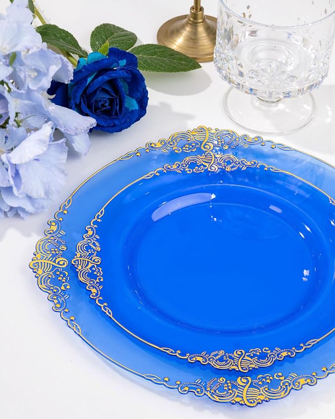Nervure 350PCS Blue Plastic Plates - Blue Plastic Dinnerware Sets for 50 Guests - 100 Disposable Plates, 150 Gold Silverware, 50 Cups, 50 Napkins for Wedding & Party