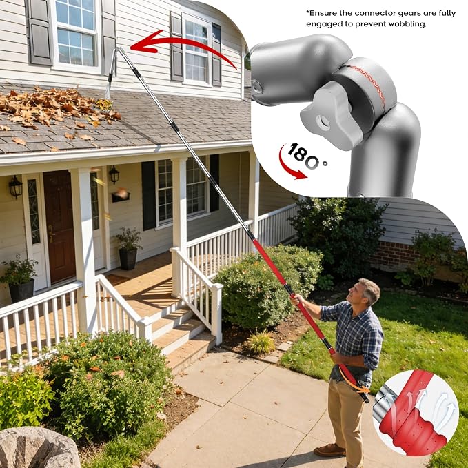 13ft Gutter Cleaning Tools From the Ground, No Ladder Needed, 3-in-1 Gutter Cleaner Pole with Replaceable Brush Rake Scoop, 180° Adjustable Angle for Leaves & Debris Cleaning with Grip Tapes, Red