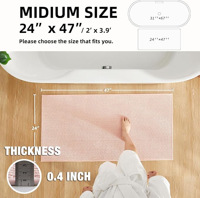TYUU Bathroom Rugs Non Slip Washable, Super Absorbent Thin Bath Mat Quick Dry Low Pile Bathroom Rug, Pink 24"x47"