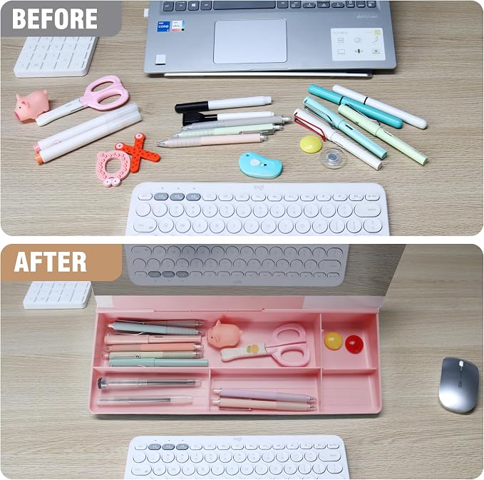 SELEAD Desktop Glass Whiteboard with Organizer & Built-in Mirror - Small Dry Erase White Board Computer Pad Keyboard Stand with Markers, Eraser, Holder for Women - Pink