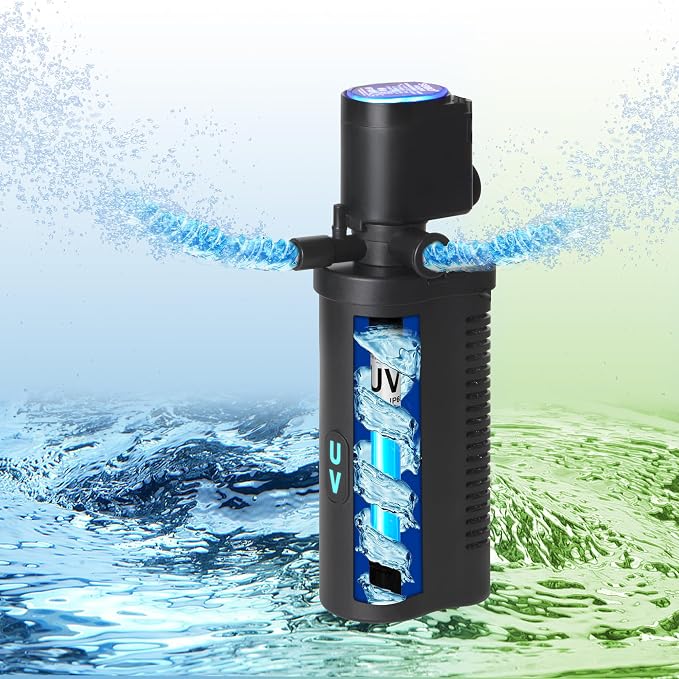 TARARIUM 10-45 Gal U-V Aquarium Filter for Fish Turtle Tank, Dual Outlets | Bio Sponge+U-V, Clear Green Water, Quiet Internal Filter, Aeration, Deodorizing, Top LED Light, Saltwater Freshwater, 132GPH