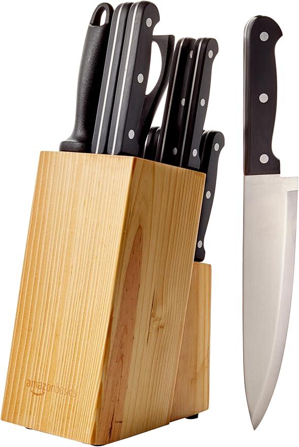 Amazon Basics 14-Piece High Carbon Stainless Steel Kitchen Knife Set with Full Tang Construction, Ergonomic Handles, Sharpener and Pinewood Block, Black