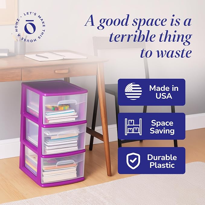 HOMZ 2-Pack Drawer Tower, 3-Tier Clear Plastic Storage Organizer Cart, Purple Frame - Organizing Containers with Wheels for Home, Bathroom, Bedroom, Office, and Classroom