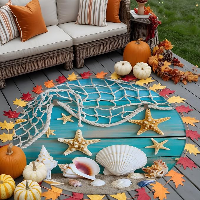 7 Ft Round Rug for Dining Table, Beach Starfish Indoor Accent Rugs for Living Room, Ocean Conch Fishing Net Blue Wood Grain Decorative Circle Carpet Washable Low Pile Non Slip, Rug for Bedroom/Office