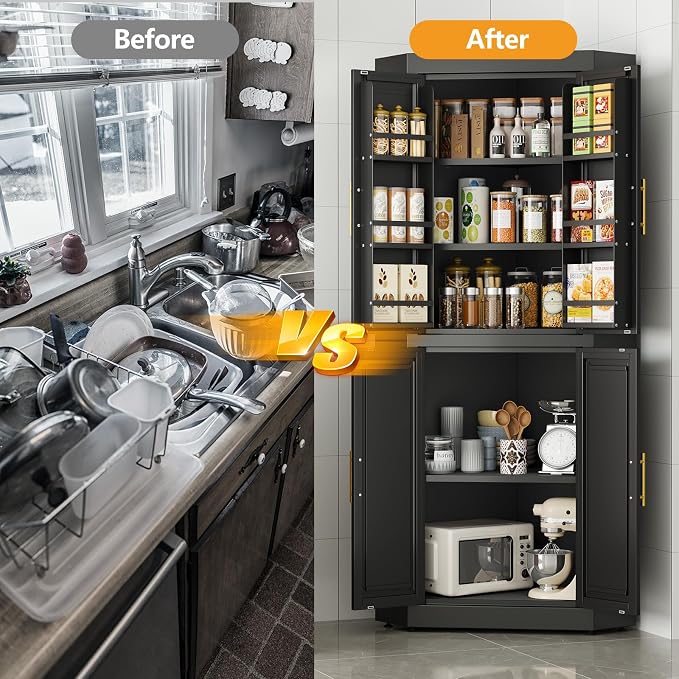 GAIOUS 63" Metal Corner Kitchen Pantry Cabinet, Food Storage Cupboard Black | Tall Steel Storage Cabinet with 4 Doors and 3 Shelves, Kitchen Food Cabinets with 6 Door Panel Shelves, Farmhouse, for Dining