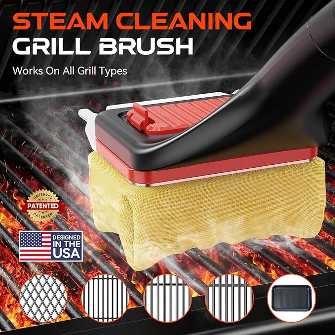 NEWKITCHEN Grill Brush Bristle-Free Steam Cleaning, Long Handle BBQ Brush Replaceable Head with Grill Scraper, Barbecue Grill Cleaner for All Grill Types (2 Pack Cleaning Head)
