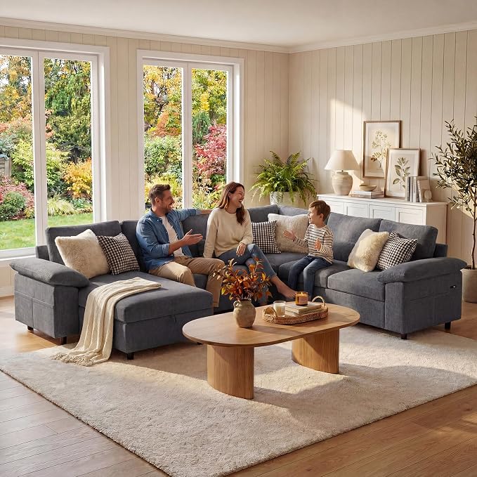110 Inch Modular Sectional Sleeper Sofa with Pull Out Bed, U Shaped 7 Seat Cloud Modular Sectional Sofa with Storage, Chenille Sectional Couches for Living Room, Apartment, Office, Dark Grey