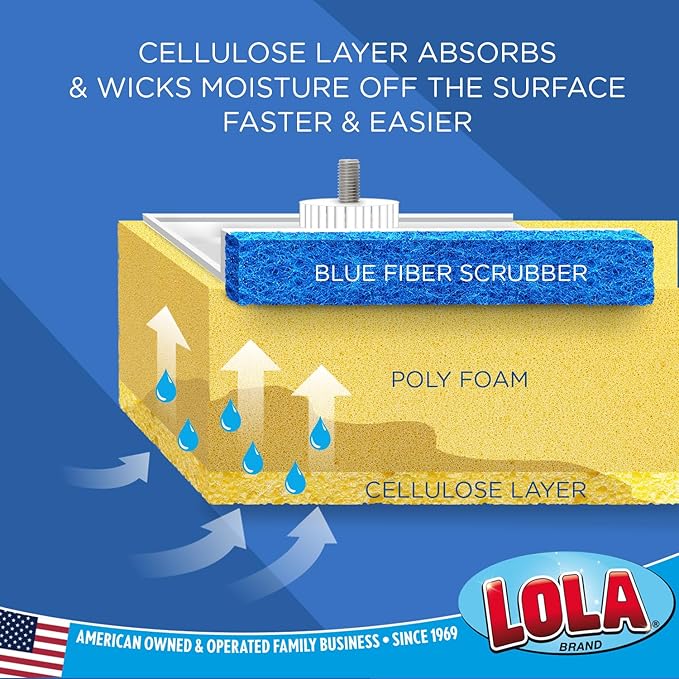 LOLA Squeezematic Butterfly Automatic Sponge Mop, 4 Mop Heads - 2 Foam w/ Cellulose Layer & 2 All Foam, 9" Head w/ Scuff Remover
