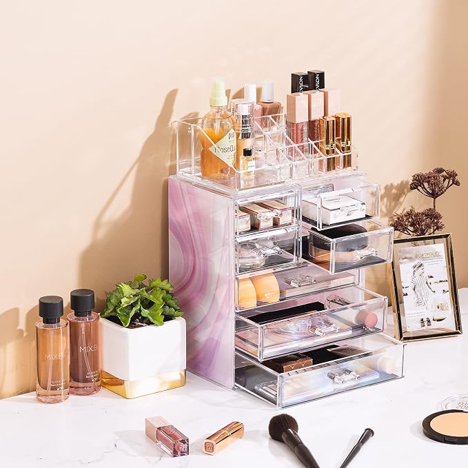 Sorbus Acrylic Makeup Organizer Set, 7-Drawer Vanity & Countertop Cosmetic Storage with Small & Wide Compartments, Tie Dye Makeup Storage for Brushes, Jewelry – Holiday Gift for Women & Teens