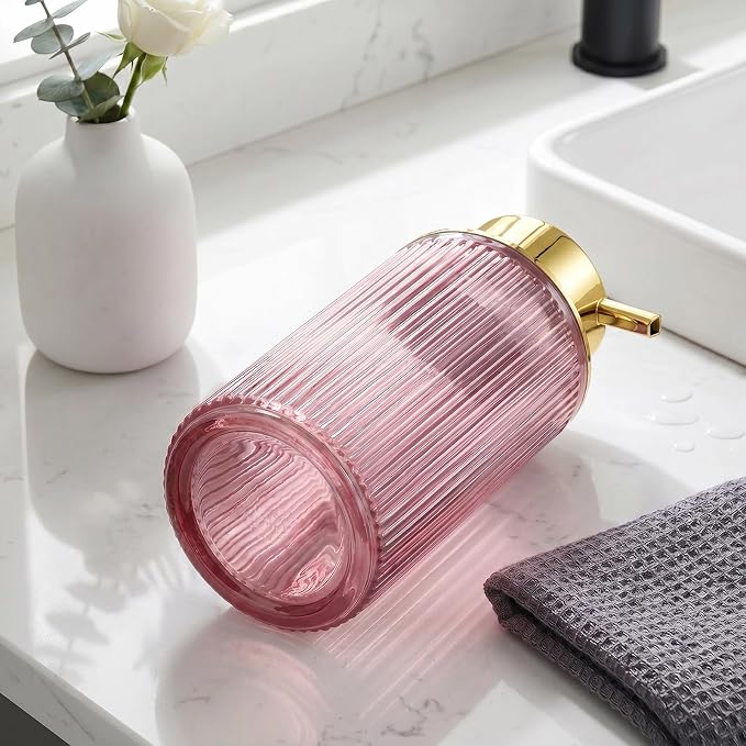 KASUNTING Pink Glass Foaming Soap Dispenser, Ribbed Foam Hand Soap Dispenser for Bathroom, 11 Fl Oz Refillable Foaming Pump Bottle with Black Pump, Modern Dish Soap Foam Dispenser