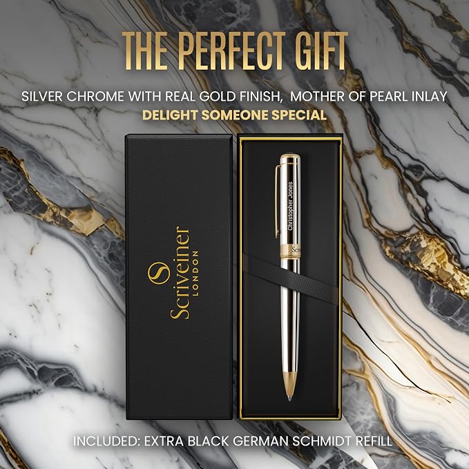 Scriveiner Personalized Silver Chrome Ballpoint Pen - Stunning Luxury Pen, Real Gold Plating, Schmidt Ink Refill, Best Engraved Ball Point Gift Set for Men & Women, Custom Name Engraving