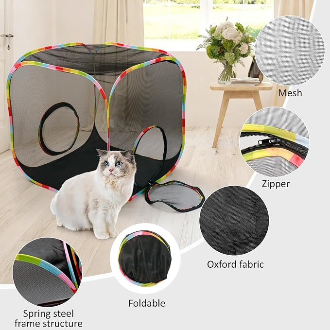 24"×24"×24" Pop-Up Cat Cube Enclosure, 210D Oxford Escape-Proof Mesh Playpen for Cats Rabbits Guinea Pigs Ferrets, Collapsible Outdoor Indoor Cat Tent, Quick Setup, Expandable System
