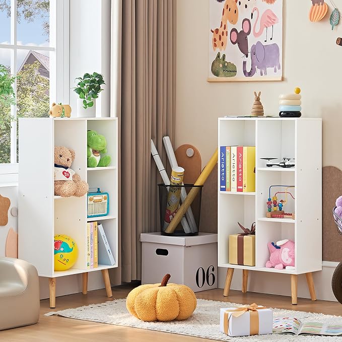 LEYAOYAO 5 Cube Bookshelf, Mid-Century Modern Book Shelf with Legs, White | 3 Tier Bookcase, Rustic Wood Bookshelves Freestanding Small Storage Organizer, Open Shelves for Bedroom, Living Room, Office