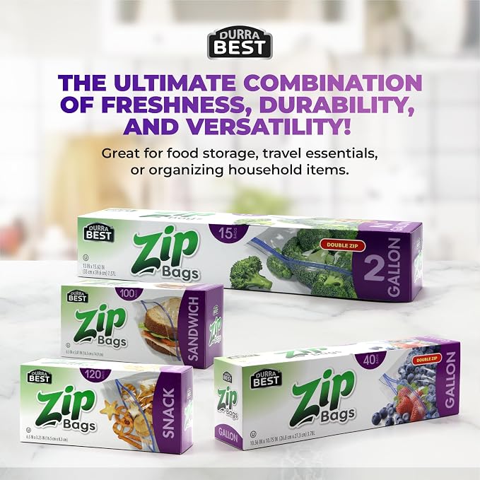 1 Gallon Storage Zip Bags – 40 Count | Extra Large, Resealable, Leak-Proof & Freezer Safe Food Storage Bags with Double Zip Lock | Durable, BPA-Free, Multi-Purpose – DURRA BEST