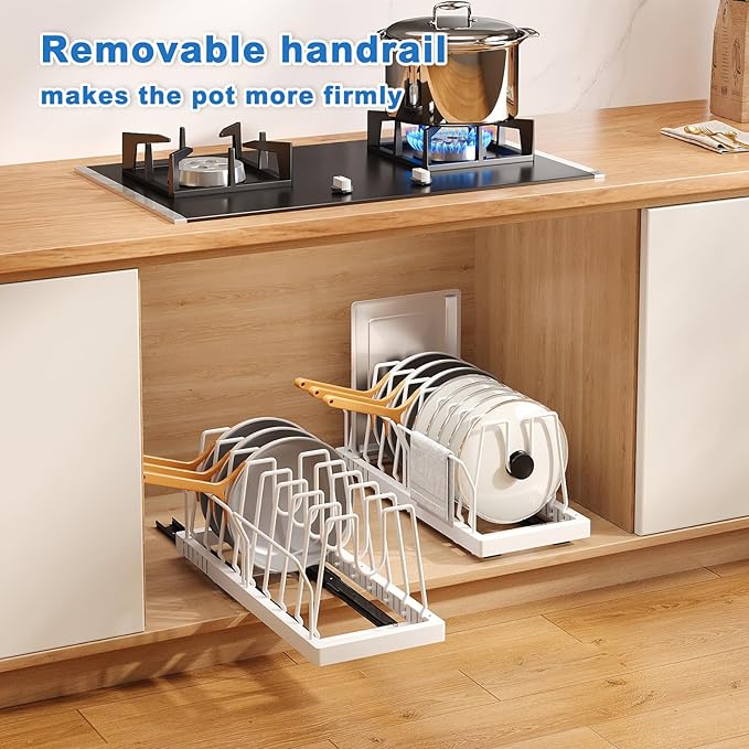 Mustorn Pots and Pans Organizer Under Cabinet, 21.6" Deep Pull Out Pot Lid Organizer Holder with Guardrail Adhesive Pot and Pan Holder Rack with 10 Adjustable Dividers-1 Pack(White)