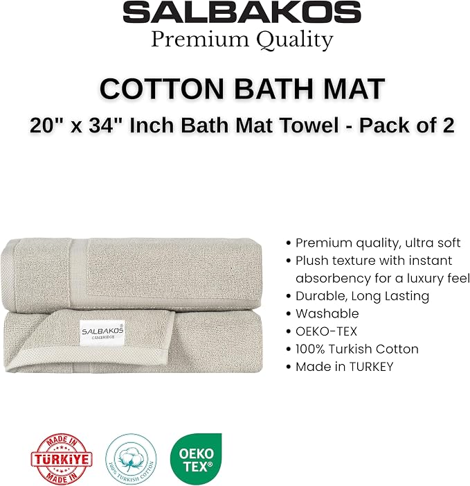 SALBAKOS 2-Piece 100% Turkish Cotton Bath Mat Towel, 20x34 inch, Stone | Bathroom Floor Towels, Thick Soft Most Absorbent Quick-Dry Durable Large Size Foot Rug, Premium Hotel Quality Made in Turkey