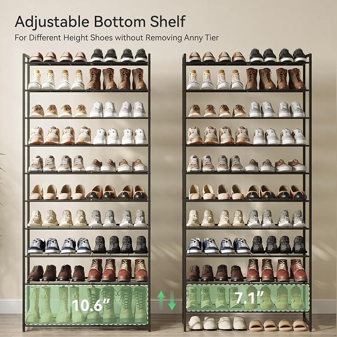 Nunsino Shoe Rack for Closet, Metal Shoe Organizer, 10 Tier Garage Shoe Rack Max Holds 50 Pairs,Shoe Storage Shelf,Entryway, Black